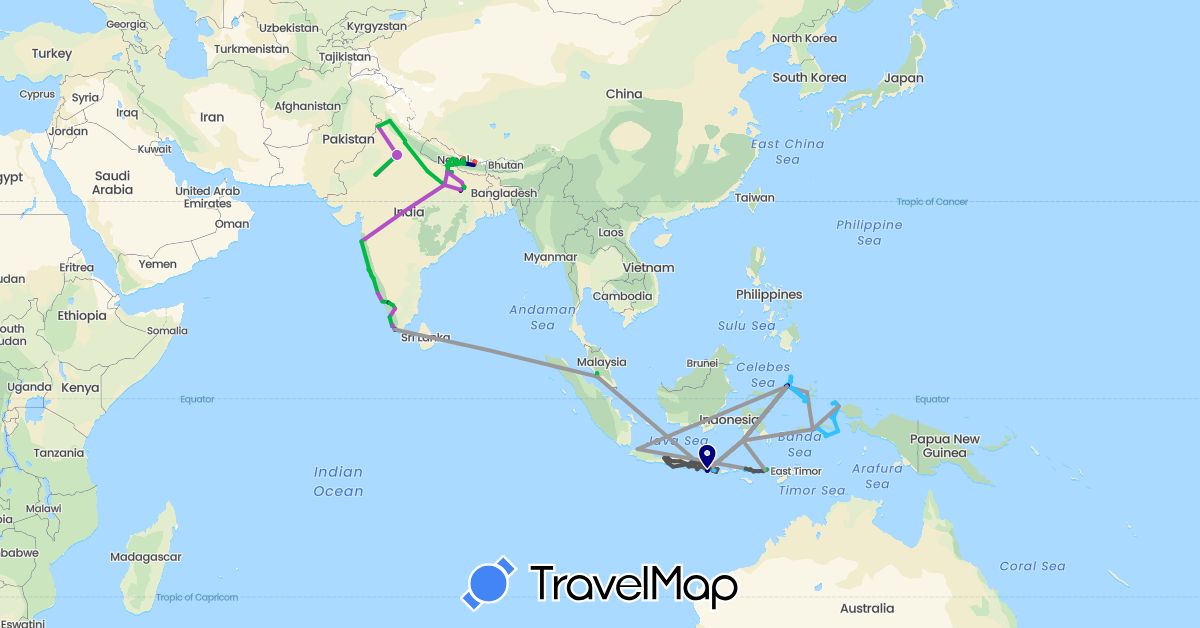 TravelMap itinerary: driving, bus, plane, train, hiking, boat, motorbike in Indonesia, India, Malaysia, Nepal (Asia)